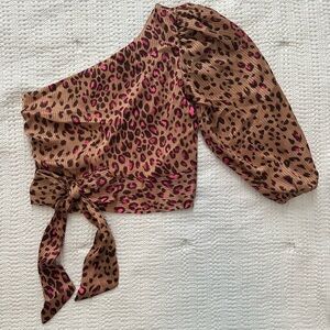 Express Animal Print One-Shoulder Blouse Size Small Bow at Waist Side Zipper